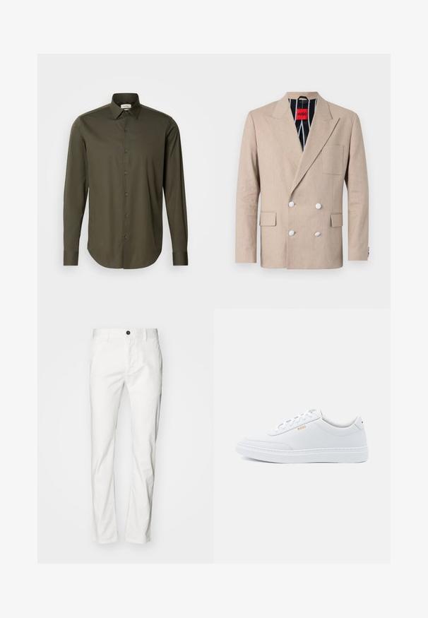 Beige dobbeltradet blazer lavet af tekstureret stof, med fire hvide knapper, klapvedhæng og en enkelt brystlomme. Fôret med stribet stof.; Calvin Klein SLIM - Skjorter - forest; Hvide bomuldsbukser med lige snit, der har knaplukning og lommer, glat tekstur og minimalistisk stil.; Hvide lædersneakers med glat tekstur, rund tå og ton-i-ton syning. Har blå snørebånd og et gult logo på siden.