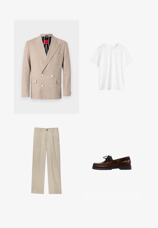 Blazer beige à double boutonnage en tissu texturé, doté de quatre boutons blancs, de revers à cran et d'une poche poitrine unique. Doublé avec un tissu rayé.; T-shirt blanc uni à manches courtes et col rond avec un petit logo sur la poitrine du côté gauche, présenté sur un fond blanc.; Pantalon beige à coupe droite, doté d'un seul bouton noir, de passants de ceinture et de poches latérales. Texture de tissu lisse et design minimaliste.; Chaussure de bateau en cuir marron avec un bout arrondi, un design à lacets et une semelle en caoutchouc texturée. Comprend des trous sur les côtés et des coutures décoratives.