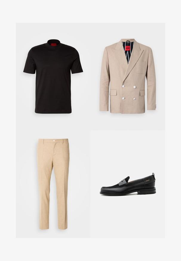 Beige dobbeltradet blazer lavet af tekstureret stof, med fire hvide knapper, klapvedhæng og en enkelt brystlomme. Fôret med stribet stof.; Sort kortærmet t-shirt med høj hals design. Fremstillet af glat stof. Har et rødt mærke på indersiden af kraven.; Beige skræddersyede bukser med en struktureret stof, lige ben-design, frontklapper og en enkelt knaplukning i taljen.; Sort læderloafer med grå remdetalje, lav hæl og tekstureret sål, mærket med "HUGO" i guld på siden.