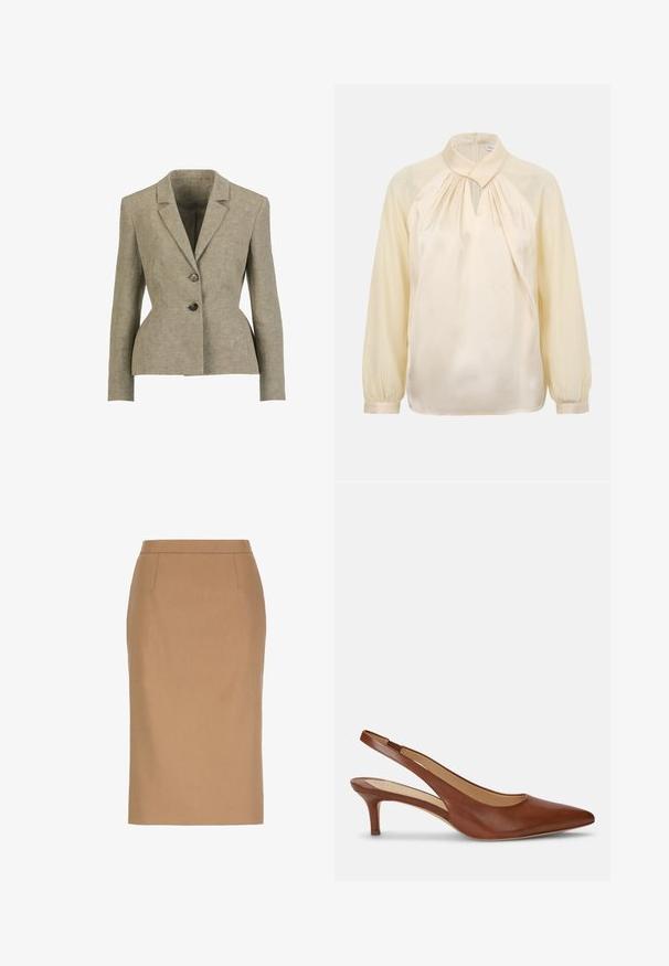 Beige, op maat gemaakte blazer met reverskraag, twee knopen, lange mouwen en een licht getailleerde taille, getoond op een witte achtergrond.; Roomkleurige blouse met lange mouwen, een hoge kraag, geplooide halslijn, keyhole uitsnijding en met knopen gesloten manchetten.; Beige kokerrok tot op de knie met een hoge taille en subtiele naaddetails aan de voorkant.; Bruine leren damesslingback met puntige neus en lage kittenhak op witte achtergrond.
