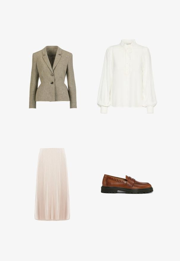 Beige skræddersyet blazer med reverskrave, to knapper, lange ærmer og let indsnævret talje, vist på hvid baggrund.; Hvid bluse med høj flæsekrave, knaplukning foran og lange ærmer med elastiske manchetter. Fremstillet af letvægtsstof.; Plisseret midi nederdel i en lys beige farve, fremstillet af et glat stof, med smalle lodrette plisser og en elastisk talje.; Brune læderloafers med tekstureret detalje; rund tå og syninger; robust sort gummiydersål for godt greb.