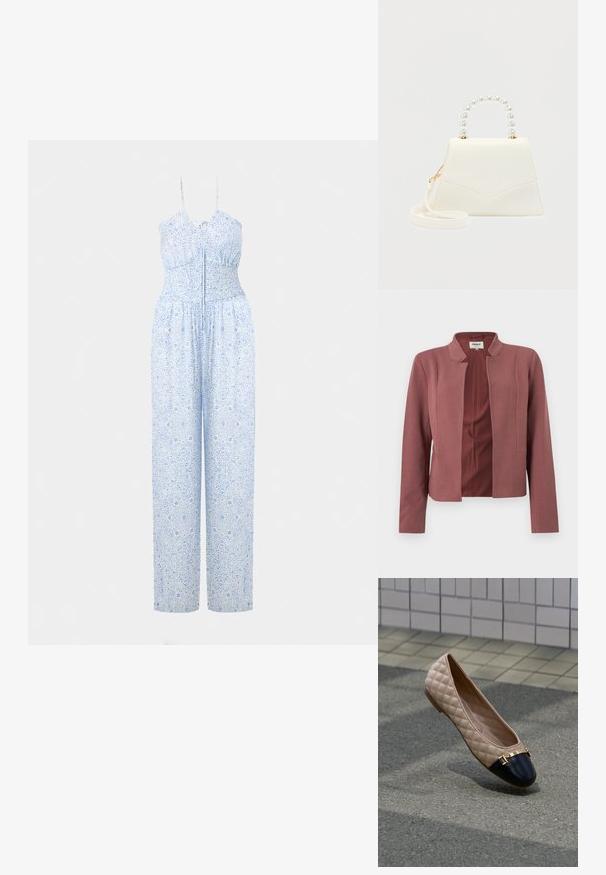 Rosa farvet skræddersyet blazer med åben front, reverskrave, lange ærmer og subtil tekstur i stoffet.; Lyseblå jumpsuit med justerbare stropper, smocket bodice og bukser med brede ben, prydet med et detaljeret blomstermønster. Blød stofstruktur.; Beige quilteflad sko med sort tåkappe og guldlåsedetalje placeret på gråt asfalt nær flisebelagt væg.; Hvid trapezformet håndtaske med perlebesat hank og aftagelig skulderrem, vist mod en ensfarvet lys baggrund.