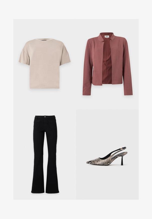 Blazer sur mesure rose avec devant ouvert, col cranté, manches longues et texture subtile sur le tissu.; T-shirt beige en coton, à manches courtes, oversize, avec col rond et ourlet droit, sur un fond clair uni.; Jean flare noir taille haute avec poches avant, passants de ceinture et fermeture par bouton, présenté sur un fond blanc uni.; Chaussures slingback à bout pointu en matériau à imprimé serpent texturé, avec un talon noir fin et un design découpé sur les côtés.