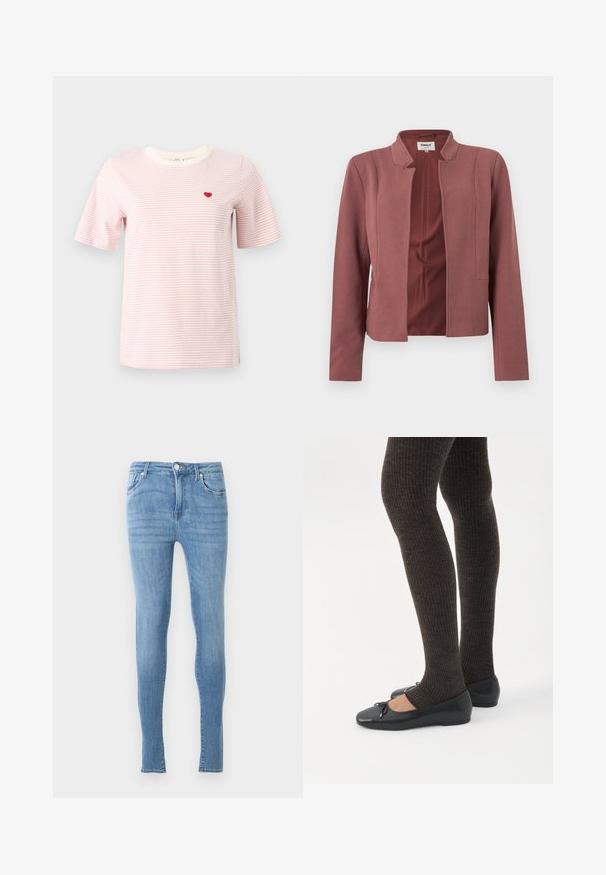 Blazer sur mesure rose avec devant ouvert, col cranté, manches longues et texture subtile sur le tissu.; T-shirt à rayures roses avec manches courtes, col rond, et un petit cœur rouge brodé sur la poitrine. Tissu doux avec une coupe décontractée.; Jean skinny bleu clair avec fermeture à bouton et zip à l'avant, poches devant et derrière, présenté sur fond blanc uni.; Jambes portant des leggings côtelés foncés associés à des ballerines noires avec de petits détails en nœud sur fond blanc.