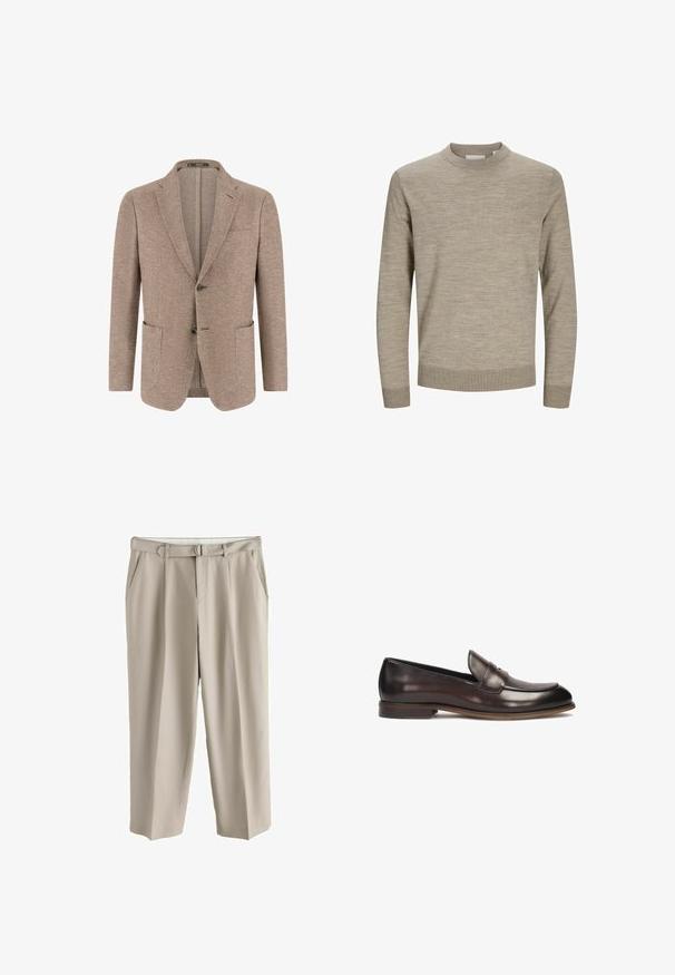 Herre beige blazer med fiskebensmønster, to frontknapper, hakkede revers, brystlomme og to påsyede lommer på hvid baggrund.; Beige langærmet rundhalset sweater med ribstrikkede ærmekanter og kant, vist på hvid baggrund.; Beige bukser med vide ben, bæltestropper, to sidelommer og et matchende stofbælte med metal D-ring spænde.; Mørkebrune læder loafers med en afrundet tå, hævet syning og en let hæl. Glat tekstur og klassisk design.