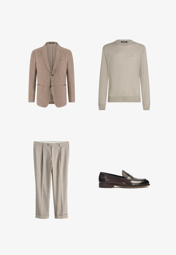 Beige herenblazer met visgraatmotief, twee knopen aan de voorkant, inkeping rever, borstzak en twee opgestikte zakken op een witte achtergrond.; Lichtbeige trui met ronde hals, lange mouwen en subtiele kleine logo borduring op de linkerborst.; Lichtbeige op maat gemaakte broek met knoopsluiting, riemlussen, zijzakken en omgeslagen zomen.; Donkerbruine leren loafers met een ronde neus, verhoogde stiksels en een lichte hak. Gladde textuur en klassiek ontwerp.