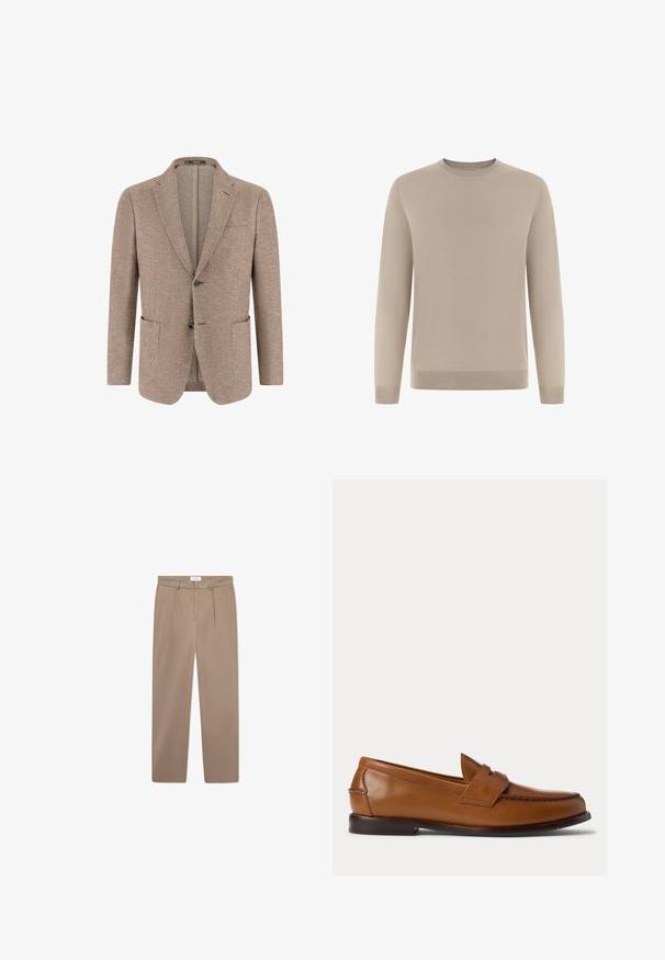 Beiger Herrenblazer mit Fischgrätmuster, zwei vorderen Knöpfen, Kerbkragen, Brusttasche und zwei aufgesetzten Taschen auf weißem Hintergrund.; Beiger Langarmpullover aus weichem, fein gestricktem Stoff. Verfügt über einen rund ausgeschnittenen Rundhalsausschnitt sowie gerippte Bündchen und Saum für eine figurbetonte Passform.; Beige maßgeschneiderte Hose mit geradem Bein, ausgestattet mit vorderen Falten und einer glatten Textur. Mittelhoher Bund mit einem sicheren Bund und ohne sichtbare Hardware.; Brauner Leder-Penny-Loafer mit niedrigem Absatz und gesteppten Details an Vorder- und Seitenpartien, seitlich auf weißem Hintergrund dargestellt.