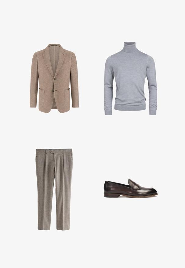 Beige herenblazer met visgraatmotief, twee knopen aan de voorkant, inkeping rever, borstzak en twee opgestikte zakken op een witte achtergrond.; Grijze coltrui gemaakt van een zachte breistof. Beschikt over lange mouwen en een getailleerd ontwerp met geribde manchetten en zoom. Simpele, gladde textuur.; Grijze geruite broek met een recht model, voorzien van voorplooien, een enkele knoopsluiting en zakken. Geverfd stof.; Donkerbruine leren loafers met een ronde neus, verhoogde stiksels en een lichte hak. Gladde textuur en klassiek ontwerp.