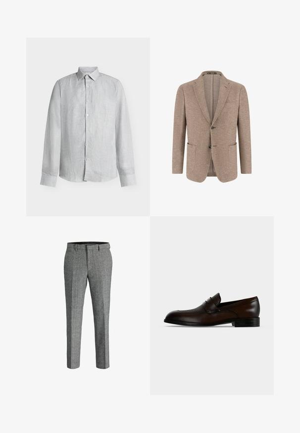 Blazer pour homme beige à motif chevrons avec deux boutons à l'avant, revers crantés, poche poitrine et deux poches plaquées sur fond blanc.; Chemise à manches longues avec boutons, fines rayures verticales grises et blanches et col classique, présentée sur un fond uni.; Pantalons gris ajustés en tissu texturé, avec un devant plat, deux poches avant et une taille lisse.; Mocassin homme en cuir marron foncé avec dessus texturé et petit talon noir sur fond uni gris clair.
