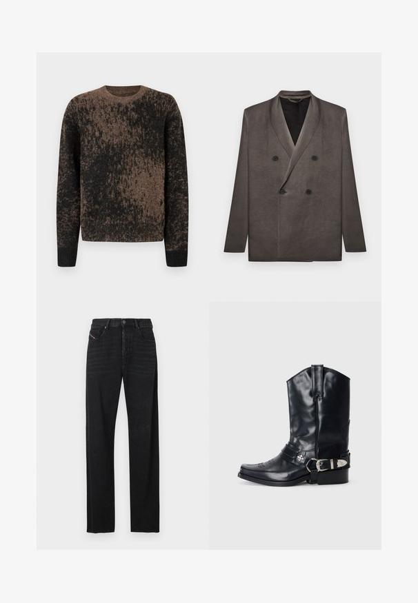Blazer gris foncé croisé avec revers à pointe et quatre boutons noirs, présenté à plat sur un fond blanc.; Pull à motifs marron et noir en matériau doux avec un col rond et des poignets côtelés. Texture duveteuse sur toute la surface, avec un design en dégradé.; Jean en denim noir avec une coupe droite, des poches avant, et un détail de languette rouge sur la poche gauche. Le tissu présente une légère texture.; Botte de cowboy en cuir noir avec un bout pointu, une tige haute, des coutures décoratives et une quincaillerie en argent sur la sangle. Fini texturé.
