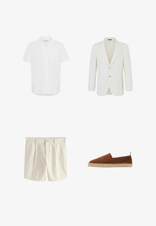 Blazer pour hommes blanc sur mesure avec deux boutons à l'avant, revers crantés, poche poitrine et deux poches inférieures, présenté sur un fond blanc uni.; Chemise blanche à manches courtes, fabriquée en tissu léger, avec une poche poitrine unique et un design décontracté.; Shorts sur mesure couleur crème avec bouton sur le devant, passants de ceinture, poches latérales et tissu texturé.; Scarosso Espadrilles - chestnut suede