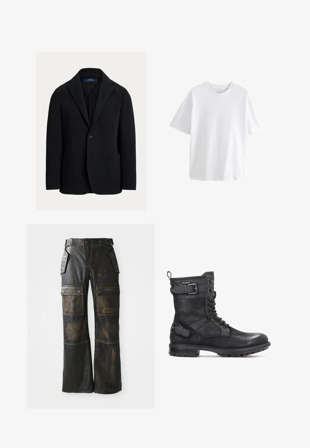 Sort blazer med notch revers, enkelt knaplukning, to forlommer og en brystlomme. Fremstillet af glat stof med en skræddersyet pasform.; Hvid kortærmet T-shirt med rund hals og afslappet pasform, vist på hvid baggrund.; Sorte læder cargo bukser med en slidt tekstur, der har store sidelommer, høj talje og kontrasterende syninger langs sømmene.; Kazar HEARD - Cowboy- / bikerstøvlette - black