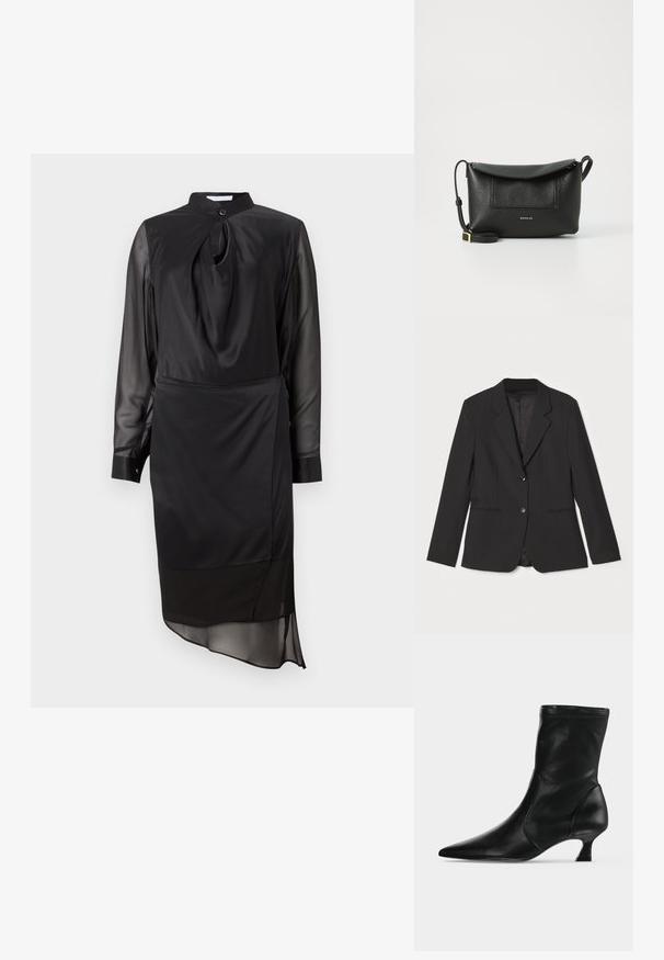 Zwarte blazer met een getailleerde pasvorm, enkel knoopsluiting, geknipte revers, zijzakken en een gladde binnenvoering. Gemaakt van lichtgewicht stof.; Zwarte jurk met een hoge kraag, lange doorzichtige mouwen en een knoopdetail bij de hals. Heeft een gelaagde zoom en een gladde stoftextuur.; Zwarte leren midkuitlaars met spitse neus en lage kittenhak, zijaanzicht op een effen lichte achtergrond.; Zwarte leren schoudertas met een gestructureerde afwerking, klep aan de bovenkant en een voorvak. Voorzien van een gouden merkembleem en een verstelbare schouderband.