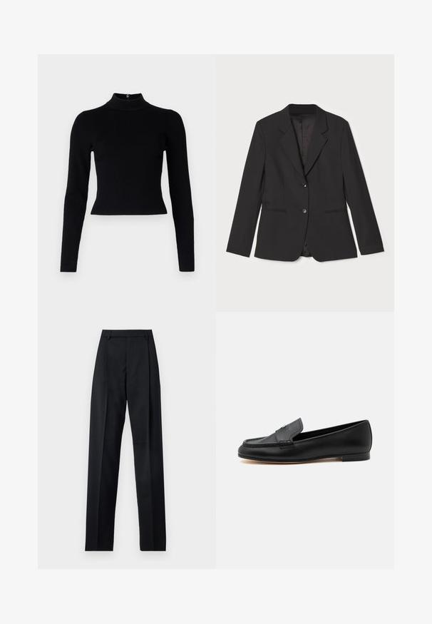Veste noire avec une coupe ajustée, fermeture à un bouton, revers crantés, poches latérales et doublure intérieure lisse. Fabriquée en tissu léger.; Pull-over noir à col roulé côtelé avec des manches longues et une silhouette ajustée, présentant une texture lisse et un zip au dos.; Pantalon noir en tissu lisse avec taille haute, jambes larges, plis à l'avant et passants de ceinture classiques. Pas de poches latérales visibles.; Mocassin en cuir noir avec un petit talon, des détails cousus et un petit accent métallique sur la tige supérieure.