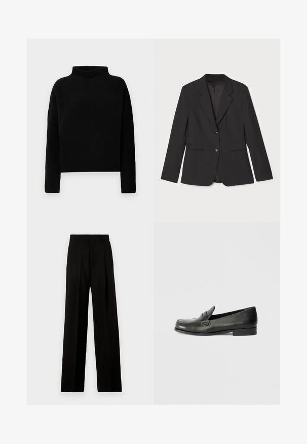 Veste noire avec une coupe ajustée, fermeture à un bouton, revers crantés, poches latérales et doublure intérieure lisse. Fabriquée en tissu léger.; Pull en col roulé noir en tissu doux, avec des manches longues et une coupe décontractée, présentant des coutures minimales et sans embellissements visibles.; Pantalons larges noirs en tissu lisse, avec une taille haute, des plis avant et un design épuré et ajusté sans embellissements.; Mocassins en cuir noir avec un bout arrondi, des détails de couture surélevés et un talon bas empilé. Texture lisse avec un éclat subtil.