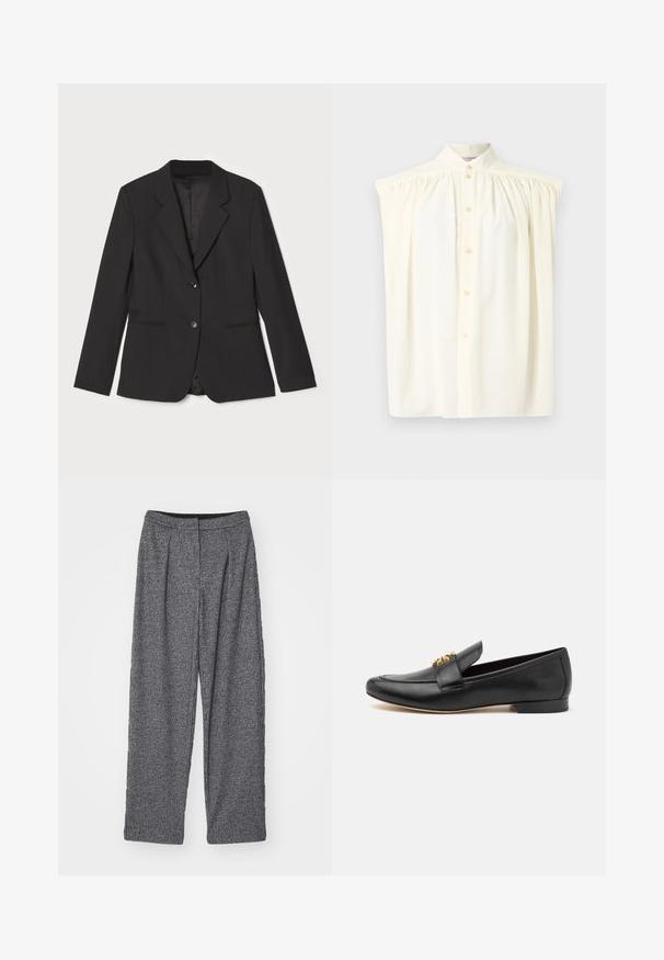 Sort blazer med skræddersyet pasform, enkelt knaplukning, notched lapeller, sidelommer og glat indvendig foring. Lavet af letvægtsstof.; Cremefarvet ærmeløs bluse med høj hals, knaplukning og samlede detaljer på skuldrene. Glat stoftekstur.; Grå rutede bukser med høj talje, bred benvidde og plissee. Fremstillet af strukturstof med et monokrom mønster.; Sorte læder loafers med rund tå, flad hæl og guldtonet hardware accent på remmen. Glat tekstur med minimale design detaljer.