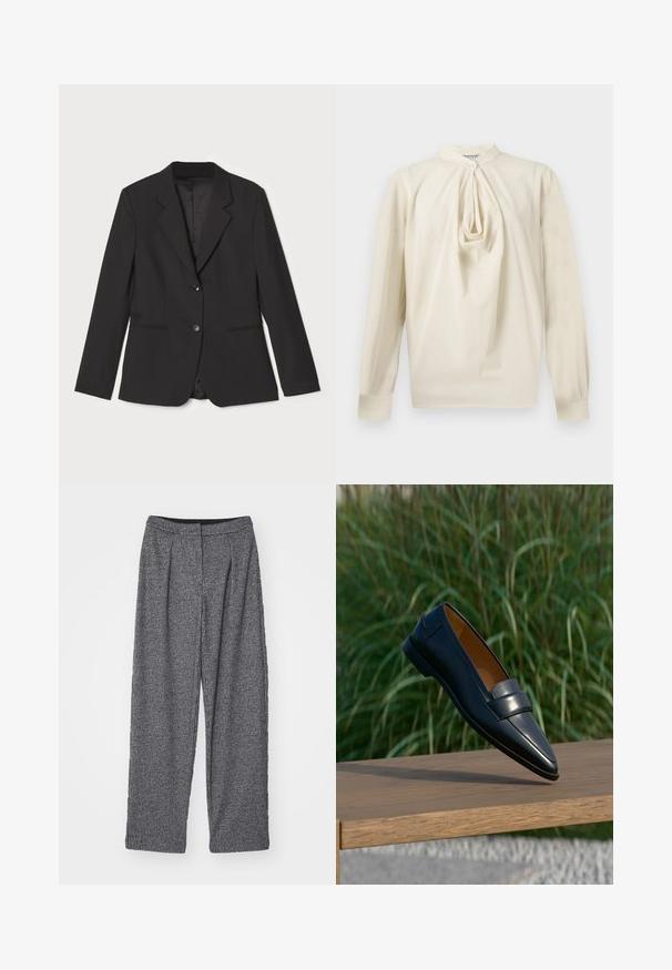 Sort blazer med skræddersyet pasform, enkelt knaplukning, notched lapeller, sidelommer og glat indvendig foring. Lavet af letvægtsstof.; Langærmet cremefarvet bluse med rynket nøglehul foran og høj krave, knaplukning ved halsen samt manchetter på ærmerne.; Grå rutede bukser med høj talje, bred benvidde og plissee. Fremstillet af strukturstof med et monokrom mønster.; Sort herres læderloafer med remdetalje balancerende på kanten af en træbænk mod en sløret grøn græs baggrund.