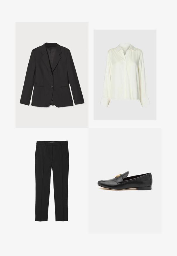Sort blazer med skræddersyet pasform, enkelt knaplukning, notched lapeller, sidelommer og glat indvendig foring. Lavet af letvægtsstof.; Langærmet hvid satinbluse med klassisk krave og skjult knaplukning foran, vist på en ensfarvet lysegrå baggrund.; Sort bukser lavet af glat stof, med lige ben, frontlommer og en flad talje med ingen synlige lukninger.; Sorte læder loafers med rund tå, flad hæl og guldtonet hardware accent på remmen. Glat tekstur med minimale design detaljer.