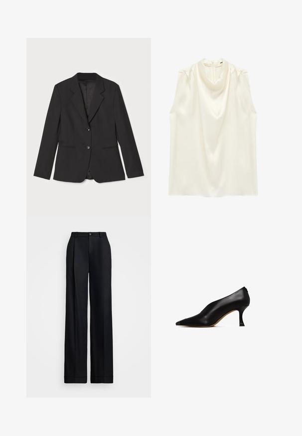 Zwarte blazer met een getailleerde pasvorm, enkel knoopsluiting, geknipte revers, zijzakken en een gladde binnenvoering. Gemaakt van lichtgewicht stof.; Mouwloze crèmekleurige satijnen blouse met een gedrapeerde col en ritssluiting aan de achterkant.; Zwarte wijde broek met een gladde afwerking, een vlakke voorkant, riemlussen en een enkele knoopsluiting bij de taille.; Zwarte leren hoge hak schoen met een spitse neus en een slanke, gebogen hak. Kenmerkt zich door een gladde textuur en een minimalistisch ontwerp.