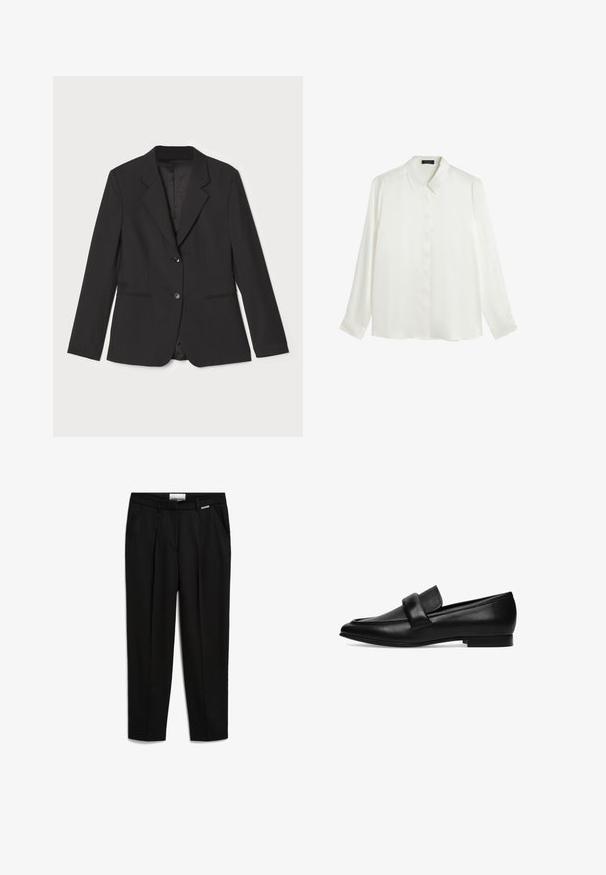 Schwarzer Blazer mit tailliertem Schnitt, einreihiger Knopfschluss, Reverskragen, Seitentaschen und glattem Innenfutter. Hergestellt aus leichtem Stoff.; Weiße Bluse mit langen Ärmeln aus glattem Stoff, klassischem Kragen, durchgehender Knopfleiste und geknöpften Manschetten. Einfaches, minimalistisches Design.; Schwarze Hose aus glattem Stoff, mit geradem Beinanschnitt, seitlichen Taschen und einem dezente Markenakzent am Bund.; Gino Rossi LOAFERS LORDS - Slipper - black