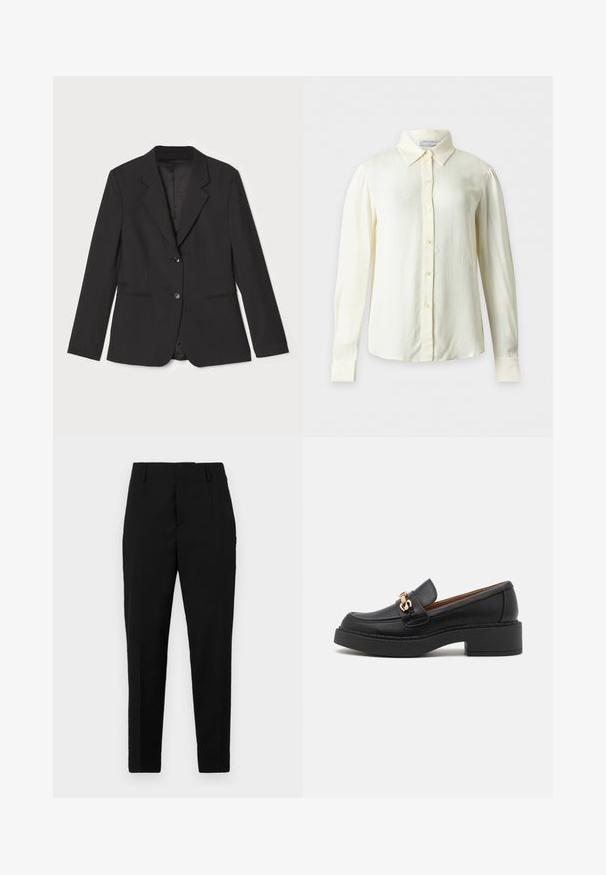 Veste noire avec une coupe ajustée, fermeture à un bouton, revers crantés, poches latérales et doublure intérieure lisse. Fabriquée en tissu léger.; Blouse crème à manches longues avec col pointu et boutons devant, présentée sur un fond uni sans motifs ni objets supplémentaires.; Pantalons noirs avec une coupe ajustée, dotés de poches latérales, d'une texture lisse et d'un design épuré qui se resserre vers la cheville.; Mocassin en cuir noir avec une semelle plateforme épaisse, orné d'une chaîne métal doré et présentant des détails de couture visibles. Texture lisse et design élégant.