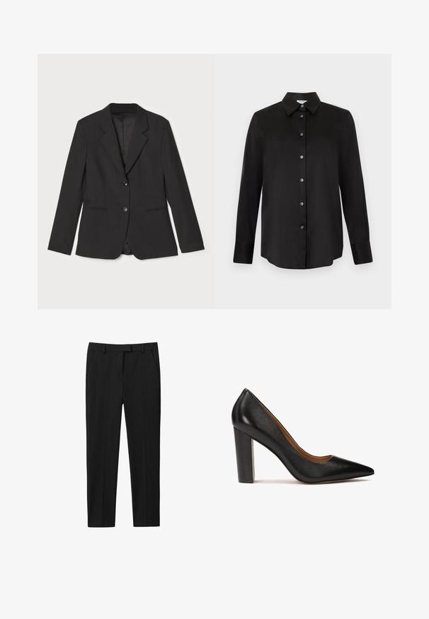 Blazer negro con un corte entallado, cierre de un solo botón, solapas con muesca, bolsillos laterales y forro interior suave. Fabricado con tejido ligero.; Camisa negra de manga larga con botones, cuello puntiagudo y siete botones, mostrada sobre un fondo gris claro.; Pantalones negros con un diseño ajustado, con frente plano, dos bolsillos laterales y corte recto. Fabricados en un tejido suave con un brillo sutil.; Zapato de tacón alto de cuero negro con punta afilada, acabado texturizado y tacón grueso. Diseño sencillo con un forro interior suave.