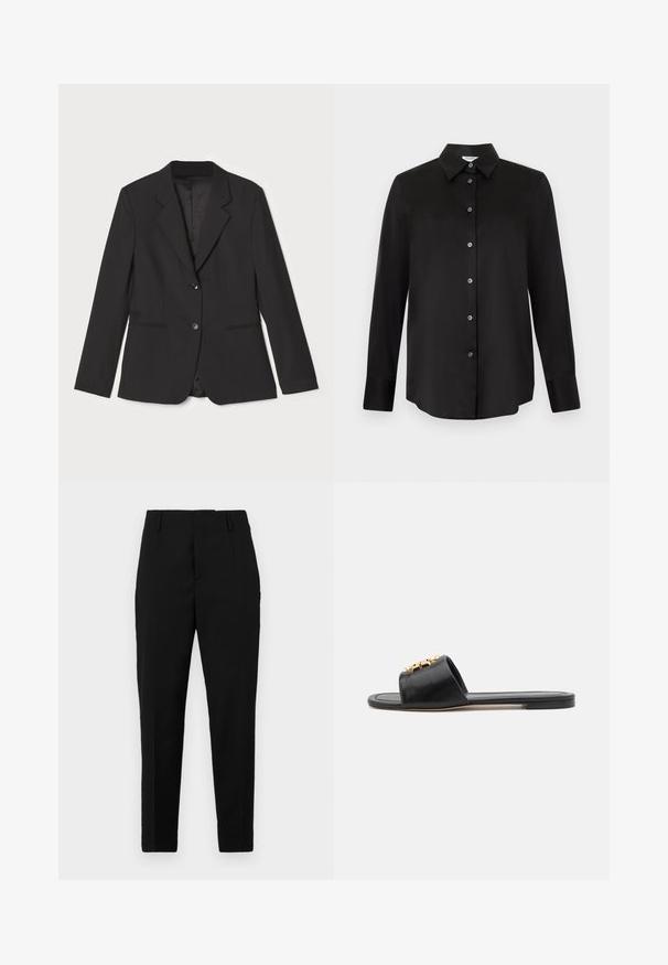 Veste noire avec une coupe ajustée, fermeture à un bouton, revers crantés, poches latérales et doublure intérieure lisse. Fabriquée en tissu léger.; Chemise noire à manches longues avec col pointu et sept boutons, présentée sur un fond gris clair.; Pantalons noirs avec une coupe ajustée, dotés de poches latérales, d'une texture lisse et d'un design épuré qui se resserre vers la cheville.; Sandales slides en cuir noir avec un bout ouvert, une semelle plate et un accent décoratif en or sur le dessus. Texture lisse avec un design minimal.