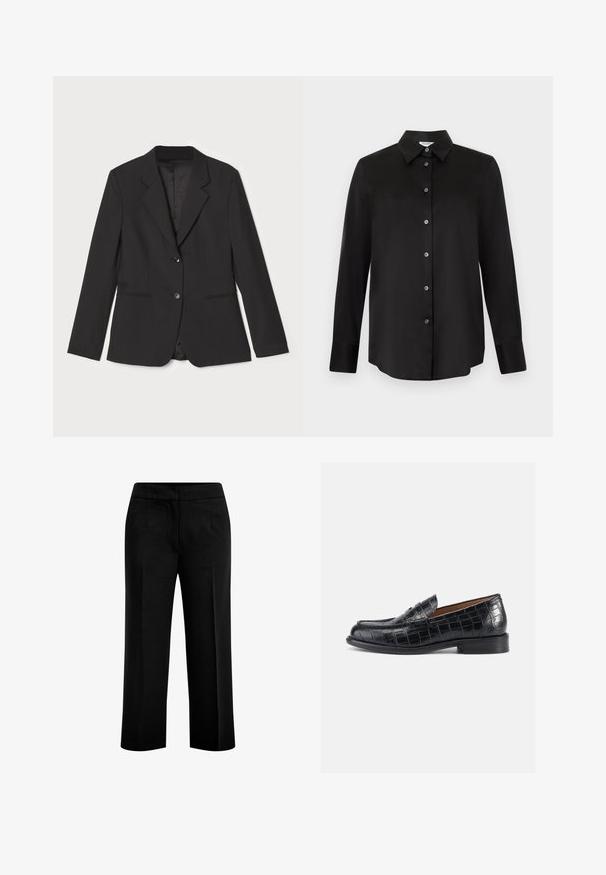 Sort blazer med skræddersyet pasform, enkelt knaplukning, notched lapeller, sidelommer og glat indvendig foring. Lavet af letvægtsstof.; Sort langærmet skjorte med knapper og spids krave med syv knapper, vist på en lysegrå baggrund.; Sorte, brede bukser lavet af et glat stof med to forlommer og en flad talje. Skræddersyet design med en ren silhuet.; Sorte loafers i krokodillepræget læder med rundet tå, slip-on-design og en lav, robust hæl. Glat tekstur og diskret glans.