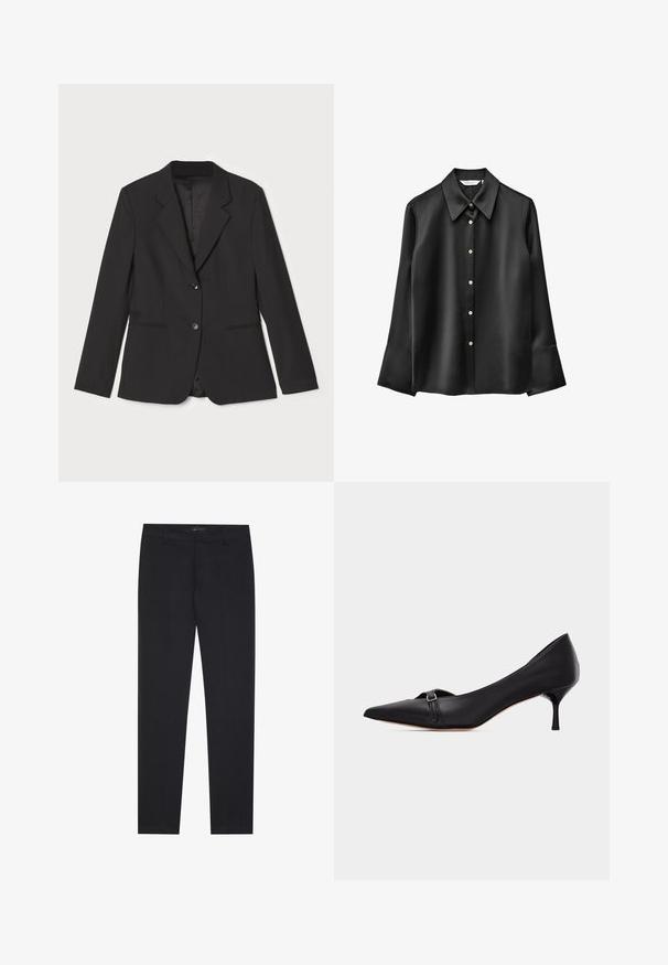 Veste noire avec une coupe ajustée, fermeture à un bouton, revers crantés, poches latérales et doublure intérieure lisse. Fabriquée en tissu léger.; Blouse noire en satin à manches longues avec col pointu, boutonnage sur le devant et poignets évasés. Caractérisée par une finition subtilement brillante et des boutons ronds.; Pantalons formels noirs slim fit avec passants de ceinture et poches avant, conçus pour un look professionnel et ajusté.; Escarpin en cuir noir à bout pointu avec un petit talon kitten et une fine bride à boucle sur le devant, présenté sur un fond blanc uni.