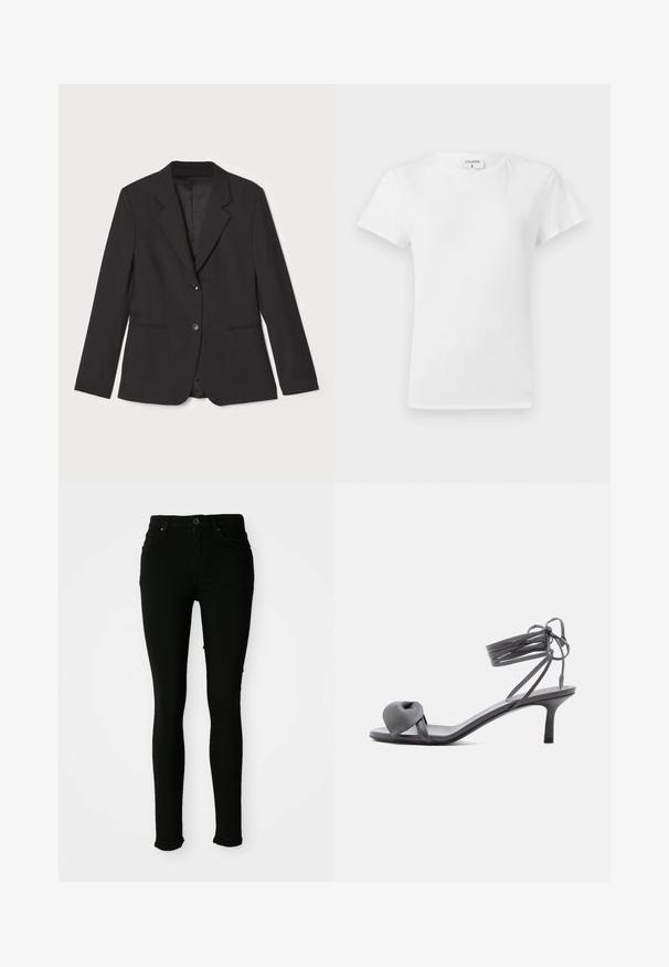 Zwarte blazer met een getailleerde pasvorm, enkel knoopsluiting, geknipte revers, zijzakken en een gladde binnenvoering. Gemaakt van lichtgewicht stof.; Witte katoenen t-shirt met ronde hals en korte mouwen, met een relaxed fit en een minimalistisch ontwerp. Etiket zichtbaar aan de hals.; Zwarte skinny jeans van denim met een gladde textuur, voorzien van een knoopsluiting, riemlussen en zonder zichtbare beschadigingen.; Grijze leren sandaal met hak, voorzien van een geknoopte band bij de tenen en wikkellinten rond de enkel op een slanke sandaal met een middenhoge hak, tegen een witte achtergrond.