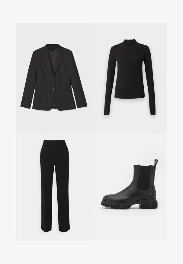 Veste noire avec une coupe ajustée, fermeture à un bouton, revers crantés, poches latérales et doublure intérieure lisse. Fabriquée en tissu léger.; Haut noir ajusté à manches longues avec col montant, présenté sur un fond gris clair uni.; Pantalons noirs à jambes droites avec une texture lisse. Dotés d'une taille et sans motifs ou accents visibles. Design classique et ajusté.; Bottines en cuir noir avec des panneaux élastiques sur les côtés et une semelle épaisse à crampons. Présentent une languette et un logo doré. Fini mat.