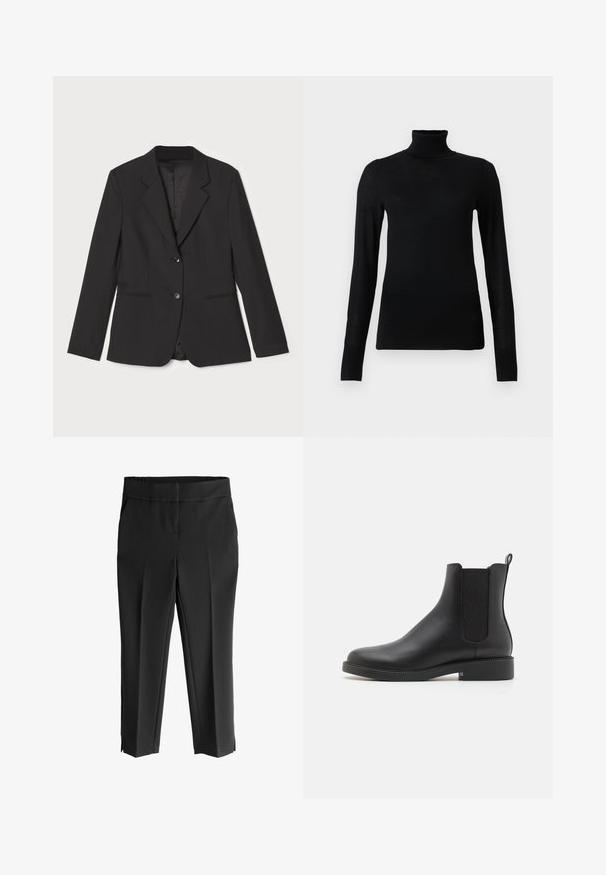Sort blazer med skræddersyet pasform, enkelt knaplukning, notched lapeller, sidelommer og glat indvendig foring. Lavet af letvægtsstof.; Sort turtleneck sweater lavet af blødt, letvægtsmateriale. Har lange ærmer og en tætsiddende stil med høj krave.; Sorte skræddersyede bukser med en glat tekstur, der har en bred talje, to sidelommer og slids ved kanten for et moderne udtryk.; Sort læder ankelstøvle med elastiske sidepaneler, rund tå, lav blokhæl og en hængetab på bagsiden for nem påtagning.