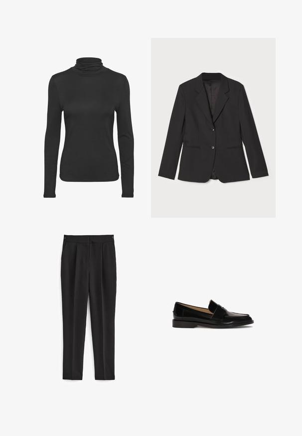 Sort blazer med skræddersyet pasform, enkelt knaplukning, notched lapeller, sidelommer og glat indvendig foring. Lavet af letvægtsstof.; Sort langærmet turtleneck skjorte lavet af glat, strækbart stof. Har et tætsiddende design og en klassisk høj krave.; Sorte bukser med skræddersyet pasform, med flad front, to sidelommer og et rent, sømløst design. Fremstillet af et glat, åndbart stof.; Sorte læder loafers med glat finish, afrundet tå og en dekorativ rem over fronten. Lav blokhælsdesign.