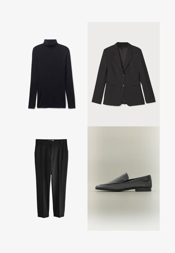 Blazer negro con un corte entallado, cierre de un solo botón, solapas con muesca, bolsillos laterales y forro interior suave. Fabricado con tejido ligero.; Camiseta negra de manga larga con cuello alto, corte ajustado y tela suave, colocada plana sobre un fondo blanco.; Pantalones negros de tejido suave, con un diseño ajustado, dos bolsillos laterales y corte recto. Sin cierres visibles ni patrones.; Mocasines de cuero negro con un acabado suave, punta afilada y diseño minimalista. Tacón bajo apilado y acentos de costura sutiles.