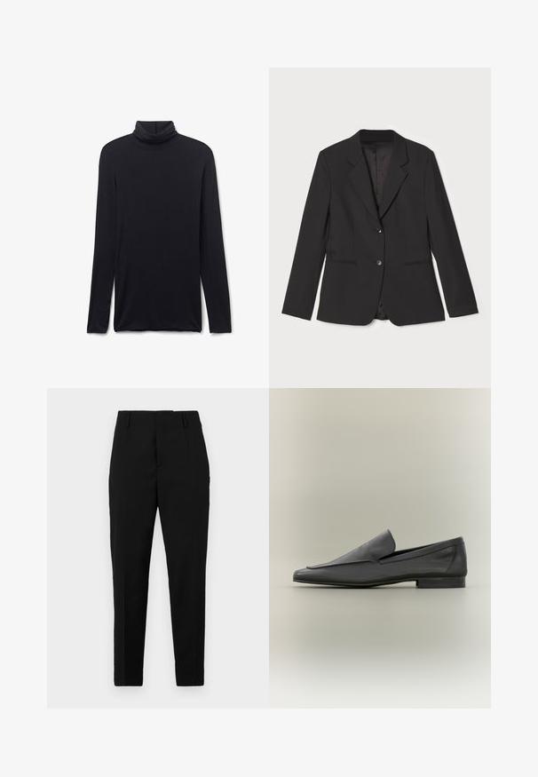 Sort blazer med skræddersyet pasform, enkelt knaplukning, notched lapeller, sidelommer og glat indvendig foring. Lavet af letvægtsstof.; Sort langærmet rullekrave med tætsiddende pasform og glat stof, lagt fladt på en hvid baggrund.; Sorte bukser med en skræddersyet pasform, der har sidelommer, en glat tekstur og et strømlinet design, der bliver smalere mod anklerne.; Sorte læder loafers med en glat overflade, spids tå og minimalistisk design. Lav stablet hæl og subtile syninger.