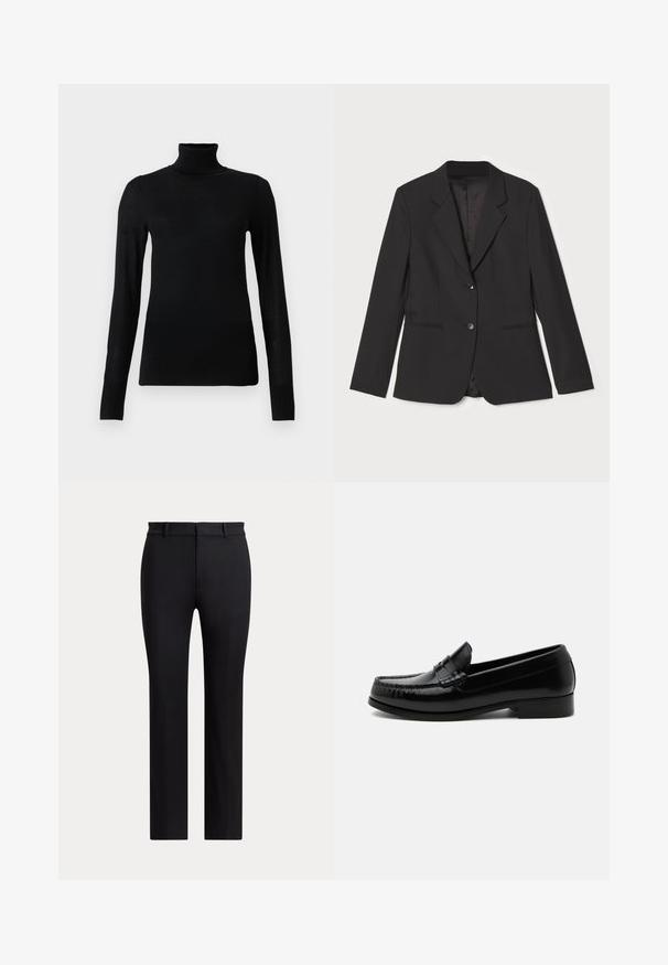 Sort blazer med skræddersyet pasform, enkelt knaplukning, notched lapeller, sidelommer og glat indvendig foring. Lavet af letvægtsstof.; Sort turtleneck sweater lavet af blødt, letvægtsmateriale. Har lange ærmer og en tætsiddende stil med høj krave.; Sorte skræddersyede bukser med lige ben, bæltestropper og forlukning, vist mod en ensfarvet lys baggrund.; Sort læder penny loafer med lav hæl, moc toe-syning og klassisk slip-on design på en hvid baggrund.
