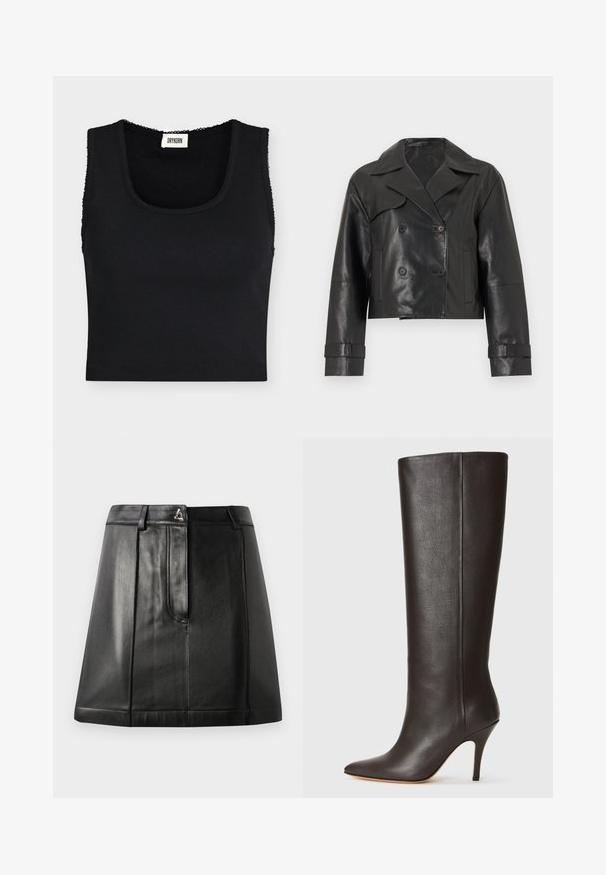 Veste noire en cuir courte avec larges revers, boutons croisés, manches longues et sangles ajustables aux poignets.; Débardeur court côtelé noir avec larges bretelles et encolure carrée, avec une petite étiquette blanche de la marque Drykorn à l'intérieur du col.; Jupe en cuir noir avec une forme structurée, dotée d'une poche avant et d'un accent métallique à la taille. Texture lisse et détails de couture.; Botte en cuir noire, montée jusqu'au genou, avec un bout pointu, un design épuré et un fin talon haut. Texture lisse et minimalisme des détails.