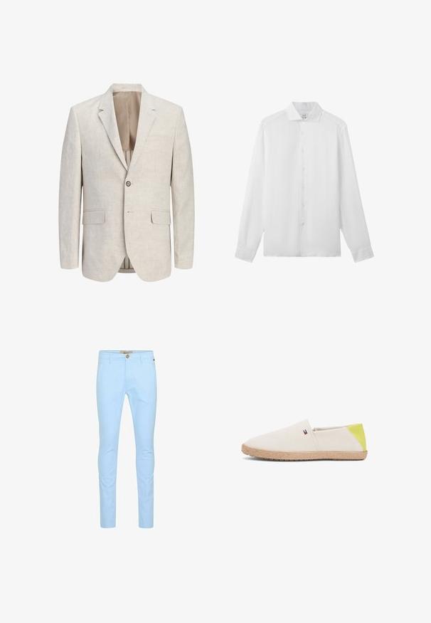 Lichtbeige enkelrijige blazer met ingekeepte revers, sluiting met één knoop, twee klepzakken en een borstzak met bies, open om de voering te laten zien.; Wit overhemd met lange mouwen, knopen aan de voorkant in het midden, een puntige kraag en zichtbare stiksels.; Lichtblauwe katoenen chino's met een slim fit, voorzien van een sluiting met knopen aan de voorkant, riemlussen en een gladde textuur. Geen zichtbare patronen of accenten.; Beige instapschoenen met een bovenkant van gestructureerd canvas, groen accent bij de hiel en een natuurlijke geweven zool. Voorzien van een klein logo aan de zijkant.