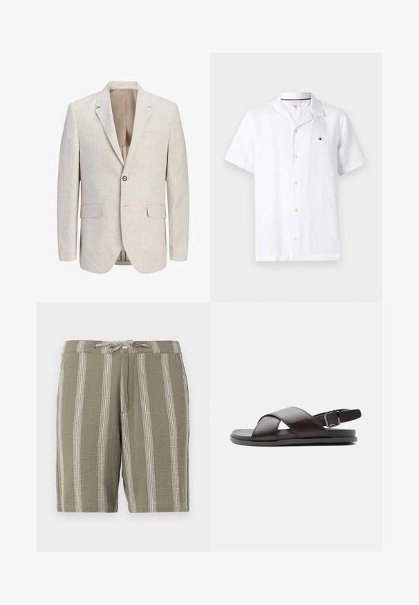 Americana beige claro de corte sencillo con solapas de muesca, cierre de un botón, dos bolsillos con solapa y un bolsillo de ribete en el pecho, desabrochada para mostrar el forro.; Camisa blanca de manga corta con botones y cuello campestre, con pequeño logo de Tommy Hilfiger en el pecho izquierdo.; Pantalones cortos verdes de tela texturizada, con rayas blancas verticales, una cinturilla ajustable con cordón y bolsillos laterales inclinados.; Sandalia de cuero marrón oscuro para hombre con tiras cruzadas y correa ajustable con hebilla en el talón sobre suela plana, mostrada de perfil.