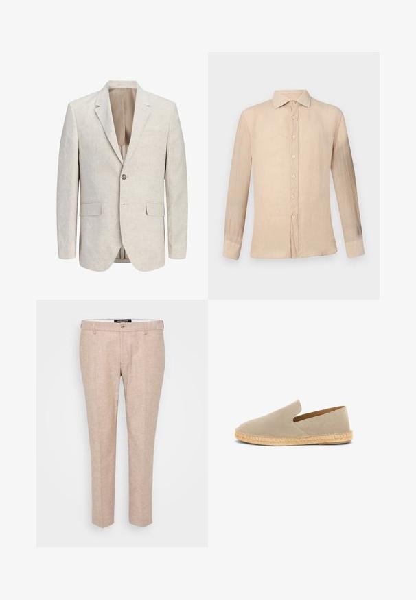 Lys beige enkeltradet blazer med noterede revers, én-knaps lukning, to lommer med flap og en brystlomme med kant, åben for at vise foringen.; Langærmet beige skjorte lavet af letvægtsstof, med en klassisk krave, fuld knaplukning og subtil tekstur over hele overfladen.; Lys beige bukser lavet af en blanding af linned, med flad front, bæltestropper og en enkelt knaplukning. Skræddersyet lige ben-design.; Beige ruskind espadrille med elastisk skaft, jutesnoet sål og lav hæl, set fra siden på hvid baggrund.