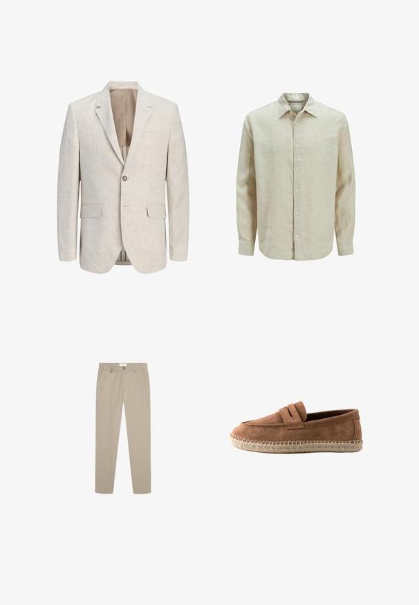 Lys beige enkeltradet blazer med noterede revers, én-knaps lukning, to lommer med flap og en brystlomme med kant, åben for at vise foringen.; Beige linned skjorte med knaplukning, lange ærmer, spids krave og en glat overflade.; Beige skræddersyede bukser lavet af et glat stof. Har forlommer, en knaplukning og et slankt, lige ben-design.; Brun ruskindslipper med flettet rebssål og en remdetalje over toppen, vist fra siden på en hvid baggrund.