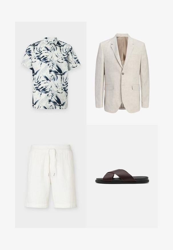 Blazer beige clair à simple boutonnage avec revers à encoches, une fermeture à un bouton, deux poches à rabat et une poche poitrine passepoilée, ouvert pour montrer la doublure.; Chemise à manches courtes avec un motif de feuilles bleu et blanc, boutons sur le devant et col. Confectionnée en tissu léger et respirant.; Short blanc en coton avec taille élastique et cordon, longueur genou avec une coupe décontractée et ample.; Sandale à glissière à lanières croisées de couleur marron, dotée d'une finition mate, d'une semelle noire plate et d'une texture lisse. Design minimaliste sans matériel visible.