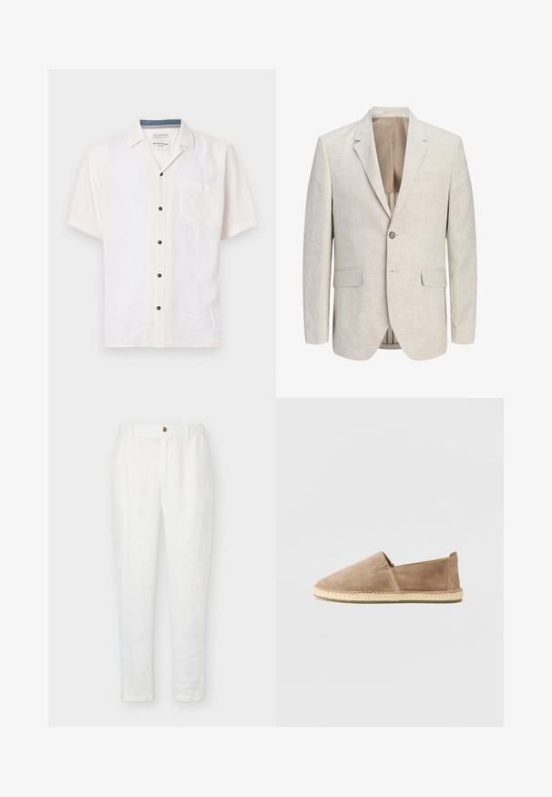 Americana beige claro de corte sencillo con solapas de muesca, cierre de un botón, dos bolsillos con solapa y un bolsillo de ribete en el pecho, desabrochada para mostrar el forro.; Camisa de manga corta hecha de una tela ligera, en color blanco roto, con un bolsillo en el pecho y botones negros a lo largo del cierre frontal.; Pantalones blancos de corte recto con cintura elástica, cierre de botón y trabillas para cinturón, exhibidos sobre un fondo liso.; Zapato deslizante de ante beige con punta redonda, inserciones elásticas en los laterales y suela de cuerda de yute en contraste. Diseño plano y cómodo.