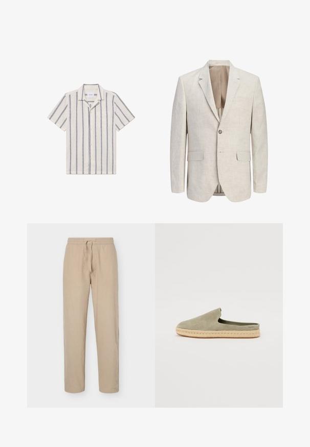 Blazer beige clair à simple boutonnage avec revers à encoches, une fermeture à un bouton, deux poches à rabat et une poche poitrine passepoilée, ouvert pour montrer la doublure.; Chemise à manches courtes en tissu beige clair avec des rayures verticales bleu foncé, dotée d'un devant à boutons et d'une poche poitrine.; Pantalon beige à taille élastique avec cordon de serrage, jambes droites et poches latérales, présenté sur un fond blanc uni.; Chaussure slip-on en suede vert avec une semelle en jute de style espadrille. Bout arrondi et design à talon ouvert. Marquage subtil sur le côté.
