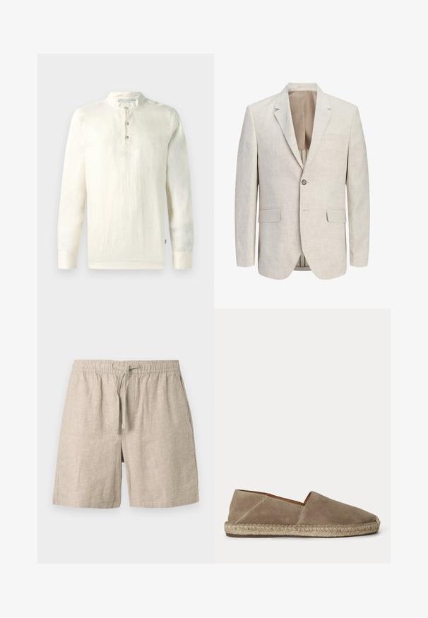 Lys beige enkeltradet blazer med noterede revers, én-knaps lukning, to lommer med flap og en brystlomme med kant, åben for at vise foringen.; Langærmet skjorte i lys cremefarvet bomuld, med mandarinkrave, treknaplukning og en tekstureret overflade.; Beige linnedragtshorts med elastisk talje og justerbar snøre, der har sidelommer og en afslappet pasform.; Beige ruskind espadrille sko med flettet juttesål og lukket rundet tå, vist fra siden på en ensfarvet baggrund.