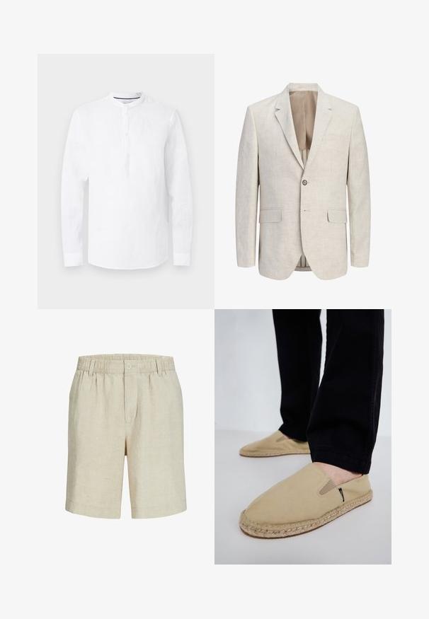 Blazer beige clair à simple boutonnage avec revers à encoches, une fermeture à un bouton, deux poches à rabat et une poche poitrine passepoilée, ouvert pour montrer la doublure.; Chemise blanche à manches longues avec col mandarin et patte de boutonnage trois boutons, présentée à plat sur un fond gris clair.; Short beige longueur genou avec taille élastique, passants pour ceinture, bouton sur le devant et fermeture éclair, fabriqué en tissu léger.; Chaussures slip-on en toile beige avec des goring élastiques, semelle en corde de jute et coutures contrastantes. Portées avec un pantalon noir fuselé.