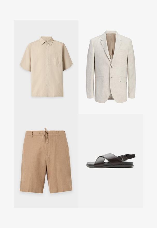 Americana beige claro de corte sencillo con solapas de muesca, cierre de un botón, dos bolsillos con solapa y un bolsillo de ribete en el pecho, desabrochada para mostrar el forro.; Camisa beige de manga corta con botones, cuello y bolsillo frontal con el logo bordado de GAP.; Pantalones cortos beige hasta la rodilla con cintura ajustable mediante cordón y trabillas para cinturón, hechos de una tela ligera y texturizada.; Sandalia de cuero marrón oscuro para hombre con tiras cruzadas y correa ajustable con hebilla en el talón sobre suela plana, mostrada de perfil.