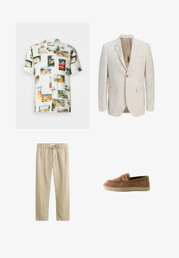 Americana beige claro de corte sencillo con solapas de muesca, cierre de un botón, dos bolsillos con solapa y un bolsillo de ribete en el pecho, desabrochada para mostrar el forro.; Camisa blanca de manga corta que presenta un collage de fotografías de paisajes tropicales en varios colores. Tejido ligero, cierre frontal de botones y ajuste relajado.; Pantalones beige de pierna recta con cintura elástica, cierre de botón y cordón, fabricados con tejido ligero.; Mocasín de ante marrón con suela de esparto trenzado y detalle de correa en la parte superior, mostrado de perfil sobre un fondo blanco.
