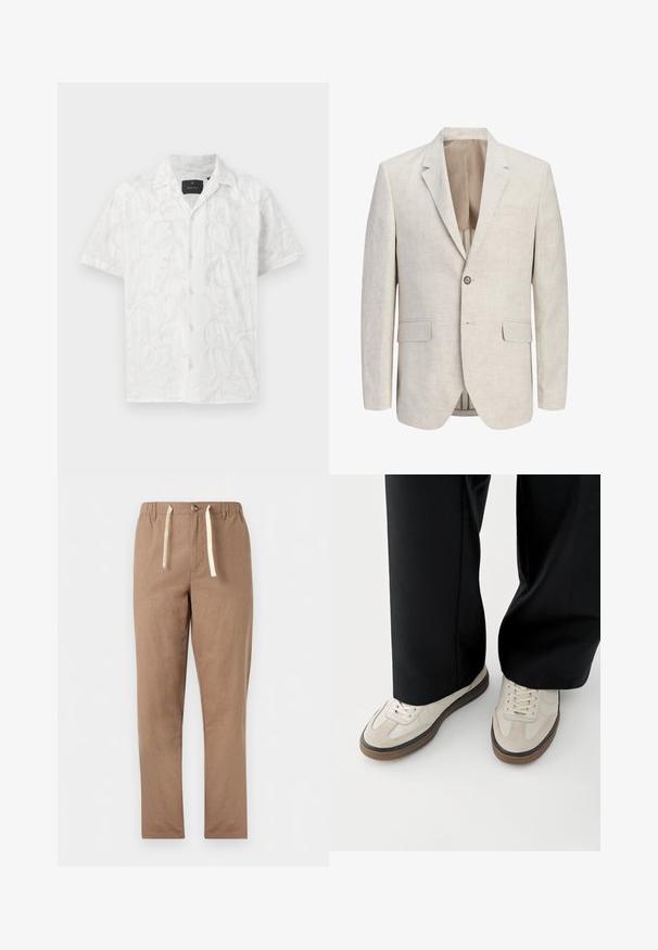 Lys beige enkeltradet blazer med noterede revers, én-knaps lukning, to lommer med flap og en brystlomme med kant, åben for at vise foringen.; Hvid kortærmet skjorte med delikat broderi af blad- og blomstermønstre. Bemærkelsesværdige detaljer inkluderer en frontknaplukning og en krave.; Lysebrune bukser med lige ben, elastisk talje, knaplukning og hvide snoretræk.; Fødder iført beige sneakers med brune såler og sorte bukser med vide ben på hvid baggrund.
