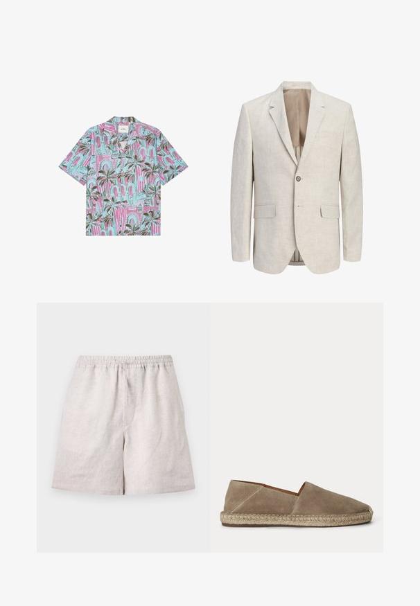 Blazer beige clair à simple boutonnage avec revers à encoches, une fermeture à un bouton, deux poches à rabat et une poche poitrine passepoilée, ouvert pour montrer la doublure.; Chemise à manches courtes boutonnée avec motif de palmiers et d'arcs en rose, bleu et vert.; Shorts en lin beige clair avec taille élastique et cordon, longueur au genou, disposés à plat sur fond blanc.; Chaussure espadrille en daim beige avec semelle en jute tressée et bout fermé arrondi, vue de côté sur un fond uni.